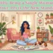 A woman in her 40s sits comfortably on the floor of a cozy living room, working on a colorful painting with an iced latte and her cute dog sleeping peacefully beside her. Text on the image reads, "Why Being a Single Woman in Your 40s is the New Standard" and "myfemspiration.com".