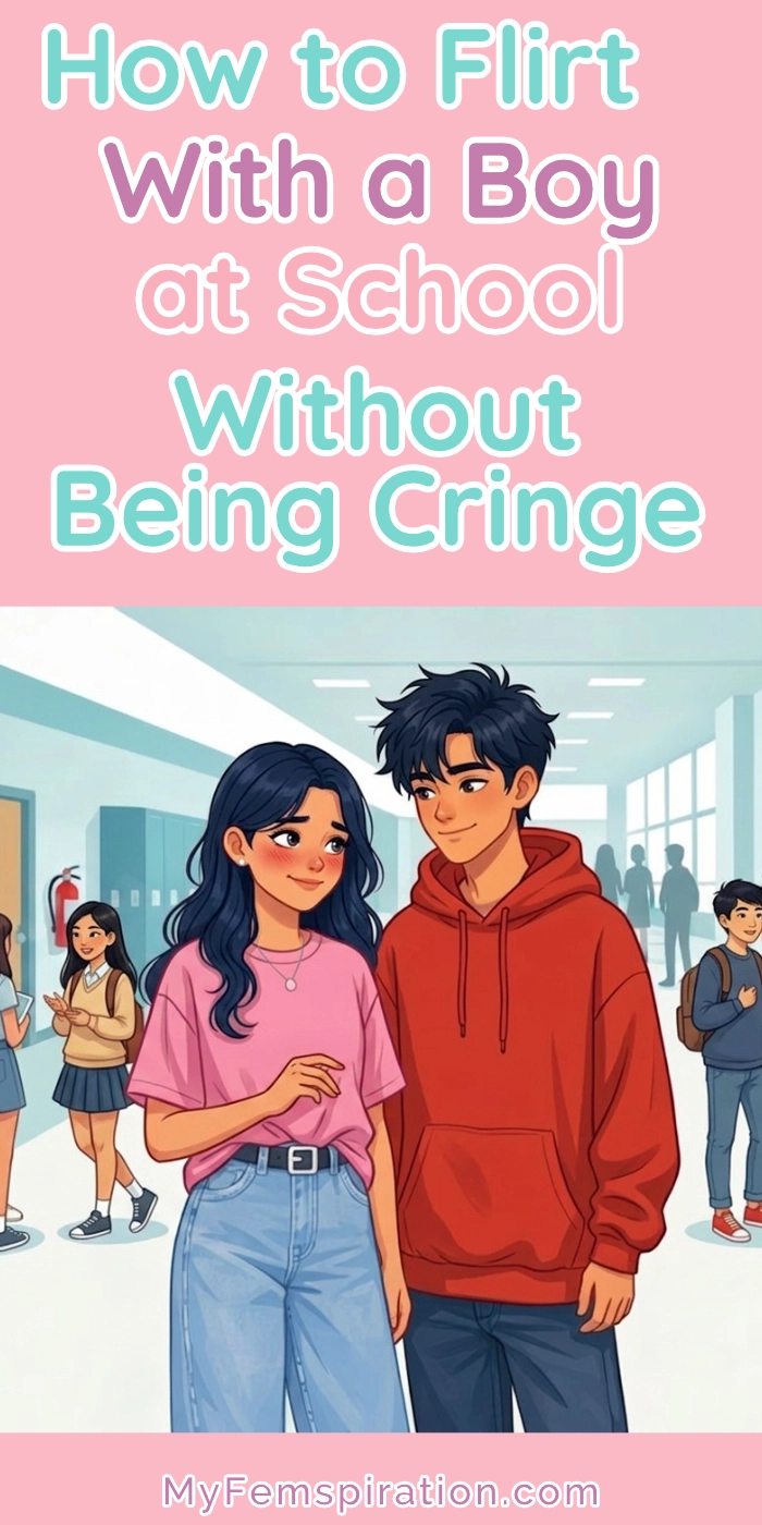 Image of a teen girl smiling and chatting flirtatiously with a boy in a school setting. Text overlay reads "How to Flirt With a Boy at School Without Being Cringe" and "myfemspiration.com"