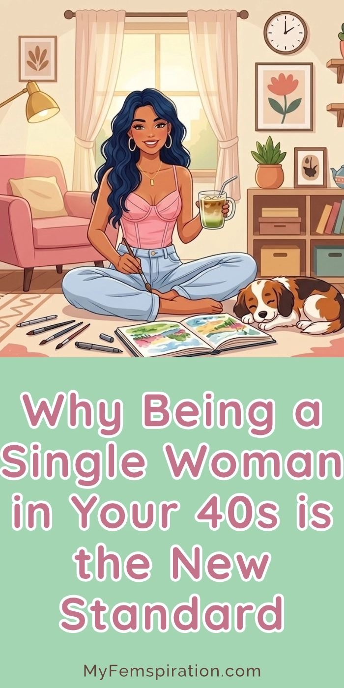 A woman in her 40s sits comfortably on the floor of a cozy living room, working on a colorful painting with an iced latte and her cute dog sleeping peacefully beside her. Text on the image reads, "Why Being a Single Woman in Your 40s is the New Standard" and "myfemspiration.com".