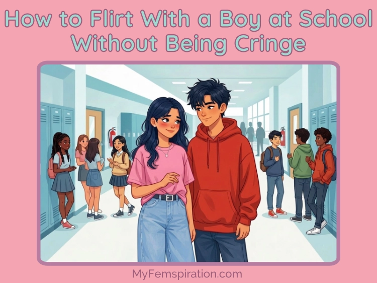 Image of a teen girl smiling and chatting flirtatiously with a boy in a school setting. Text overlay reads "How to Flirt With a Boy at School Without Being Cringe" and "myfemspiration.com"