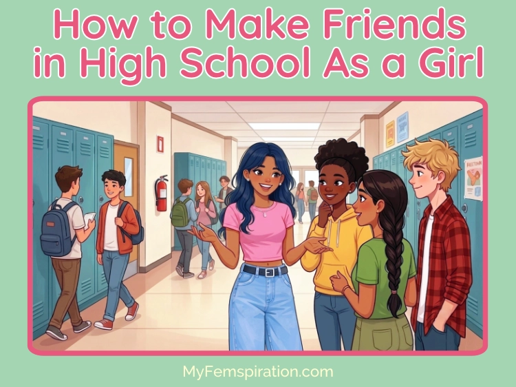 Image of a teenage girl successfully making friends in high school, chatting and laughing with a group of diverse students in a school setting. Text overlaid reads 'How To Make Friends In High School As A Girl' and 'myfemspiration.com'.