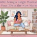 An illustration of a woman peacefully reading a book and sipping matcha next to her dog in a cozy, feminine living room. Text overlays read, "Why Being a Single Woman in Your 30s is the New Normal" and "myfemspiration.com."