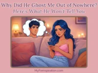 A heartbroken woman sits crying on a living room couch, dressed in casual clothes. She holds her smartphone and looks sadly at the screen. A thought bubble above her shows a man's face with a neutral expression. Text overlaid at the top reads, 'Why Did He Ghost Me Out of Nowhere? Here's What He Won't Tell You'. The watermark 'myfemspiration.com' is in the bottom right corner.