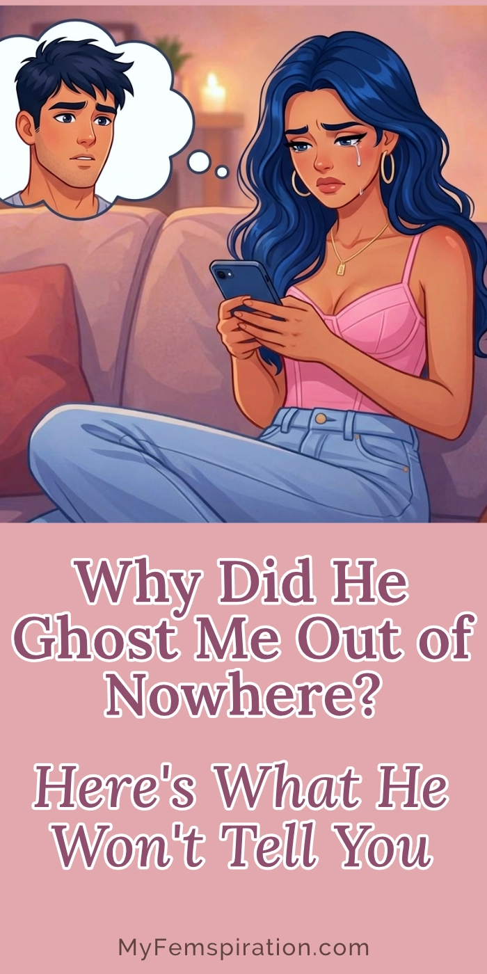 A heartbroken woman sits crying on a living room couch, dressed in casual clothes. She holds her smartphone and looks sadly at the screen. A thought bubble above her shows a man's face with a neutral expression. Text overlaid at the top reads, 'Why Did He Ghost Me Out of Nowhere? Here's What He Won't Tell You'. The watermark 'myfemspiration.com' is in the bottom right corner.