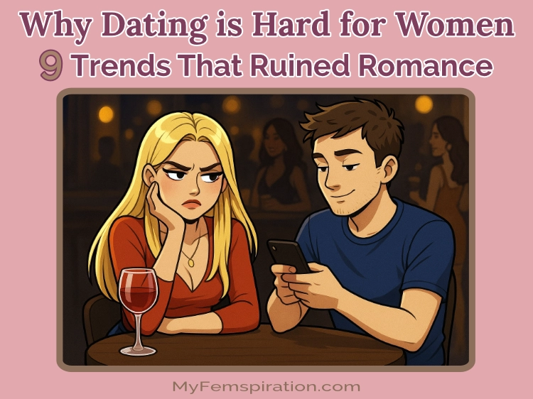 Illustrated image of young woman on a bad date with a young man who is budy on his phone. Text overlaid 'why dating is hard for women: 9 trends that ruined romance' and 'myfemspiration.com'.