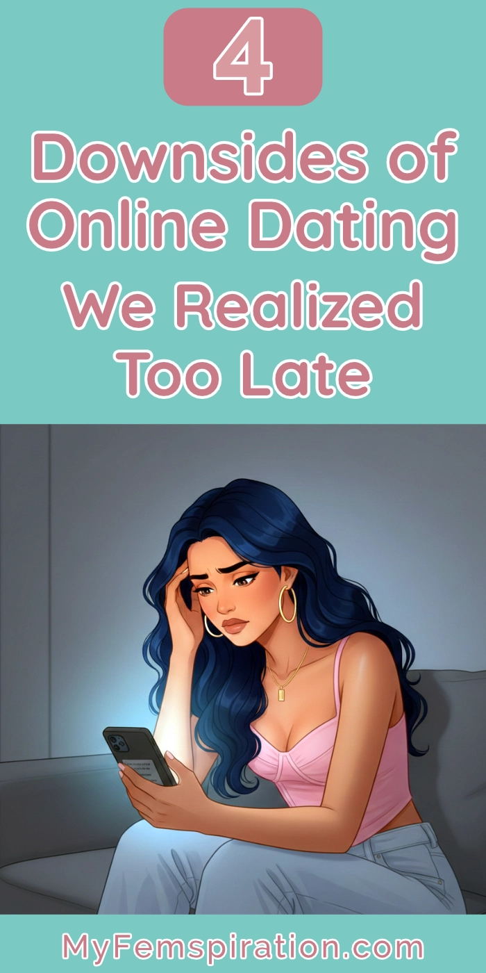 Image of a woman consumed by her phone. Text overlaid: '4 downsides of online dating we realized too late - MyFemspiration'