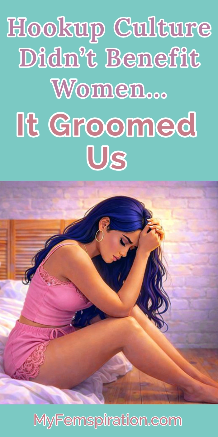 A sad woman sits alone on a messy bed, symbolizing the emotional aftermath of hookup culture. Text on the image reads 'Hookup Culture Didn’t Benefit Women… It Groomed Us' and 'myfemspiration.com'.