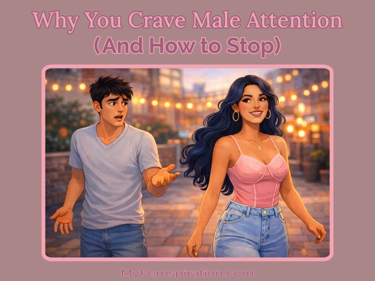 Illustration of a confident woman walking away from a confused men, symbolizing female empowerment and independence. Text reads: 'Why You Crave Male Attention (And How to Stop)' and 'MyFemspiration'.