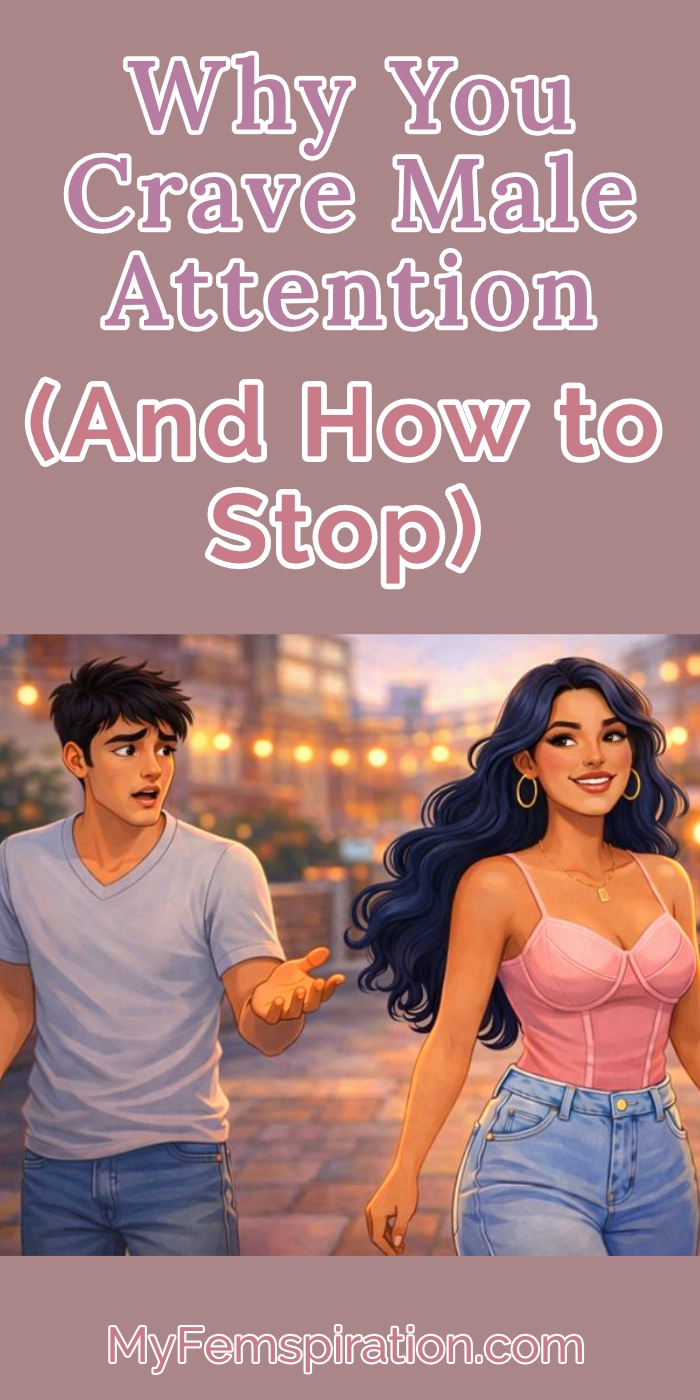 Illustration of a confident woman walking away from a confused men, symbolizing female empowerment and independence. Text reads: 'Why You Crave Male Attention (And How to Stop)' and 'MyFemspiration'.
