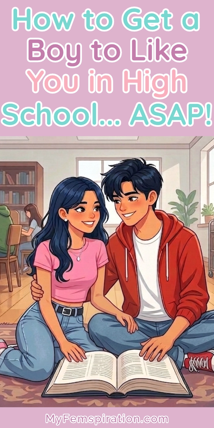 Image of a teen girl flirtatiously studying with a teen boy in a high school library setting, with overlaid text "How to Get a Guy to Like You in High School… ASAP" and the website "myfemspiration.com".