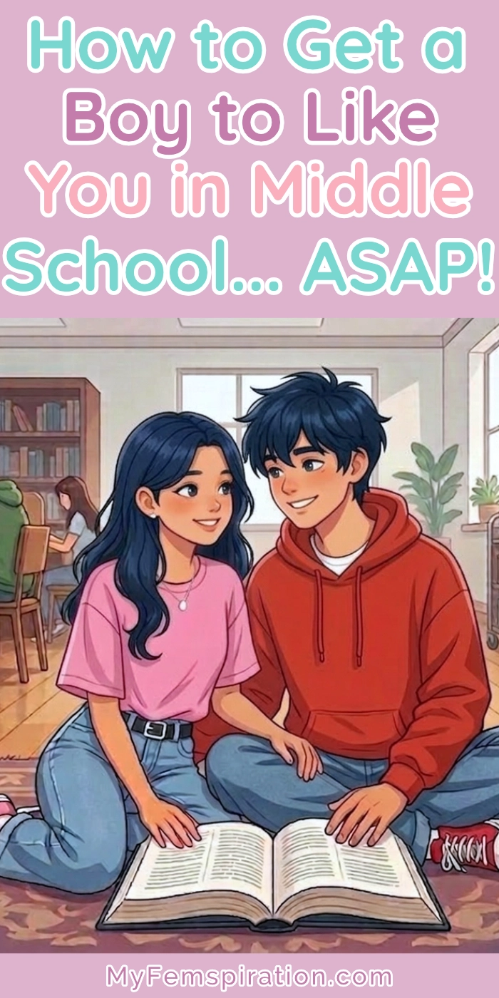Image of a teen girl flirtatiously studying with a teen boy in a high school library setting, with overlaid text "How to Get a Guy to Like You in Middle School… ASAP!" and the website "myfemspiration.com".