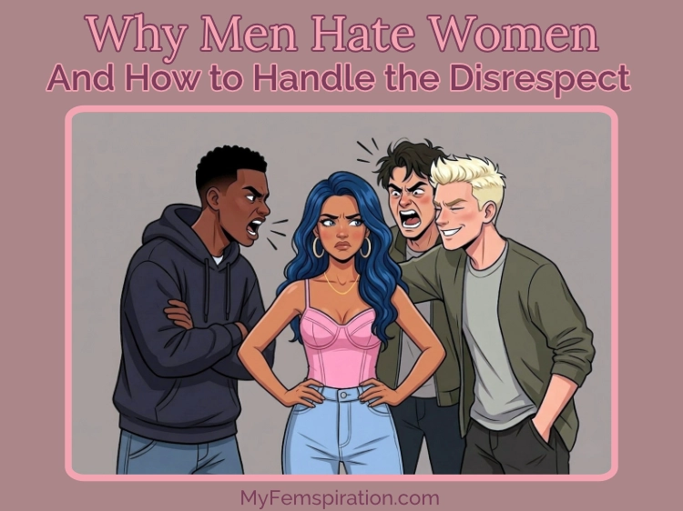An image of a woman looking offended and distressed as three men in a casual setting disrespect, mock and harass her. Overlaid text reads: 'Why men hate women and how to handle the disrespect' with 'myfemspiration.com' displayed below.