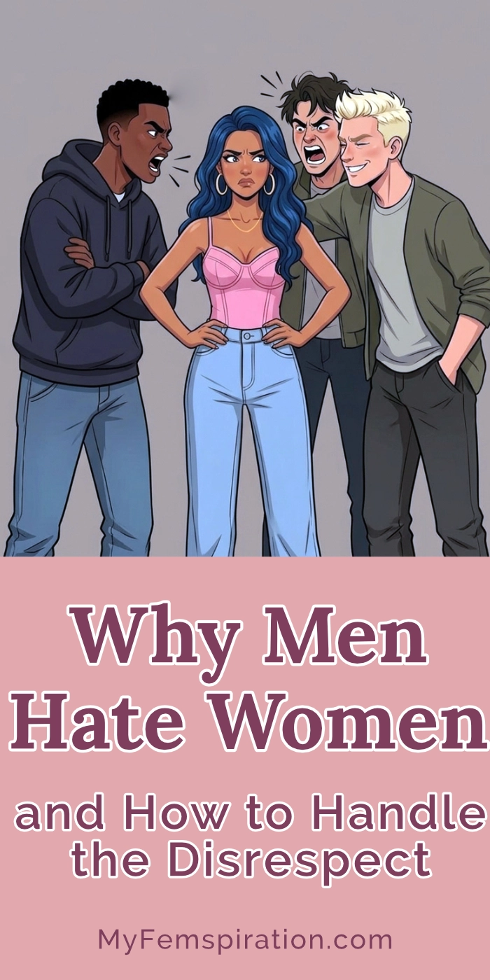 An image of a woman looking offended and distressed as three men in a casual setting disrespect, mock and harass her. Overlaid text reads: 'Why men hate women and how to handle the disrespect' with 'myfemspiration.com' displayed below.