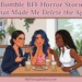 An illustrative image for myfemspiration.com shows three women at a café table. Two women on the outside point aggressively, appearing angry. The woman in the center sits between them, looking distressed with her chin on her hand, overwhelmed by the argument. Overlaid text reads: "3 Bumble BFF Horror Stories That Made Me Delete the App."