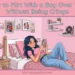 A happy teen girl lying on her back on a colorful bed, kicking her feet up and smiling at her smartphone. She looks smitten and focused on her screen in a cozy, sunlit bedroom. Bold text overlaid on the image reads, "How to flirt with a boy over text without being cringe," with the website myfemspiration.com at the bottom.