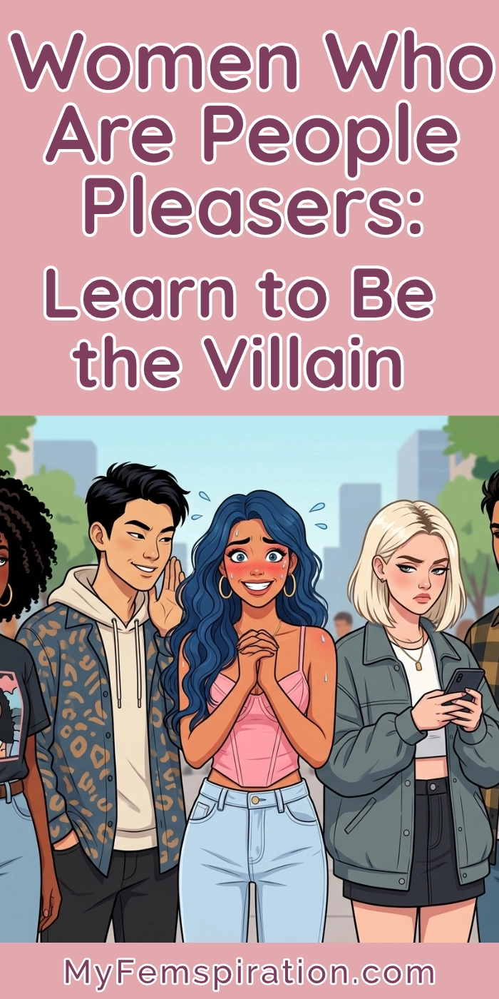 A woman trying anxiously to be nice and liked by a group of unimpressed peers, with text overlaid reading: Women Who Are People Pleasers: Learn to Be the Villain and myfemspiration.com.