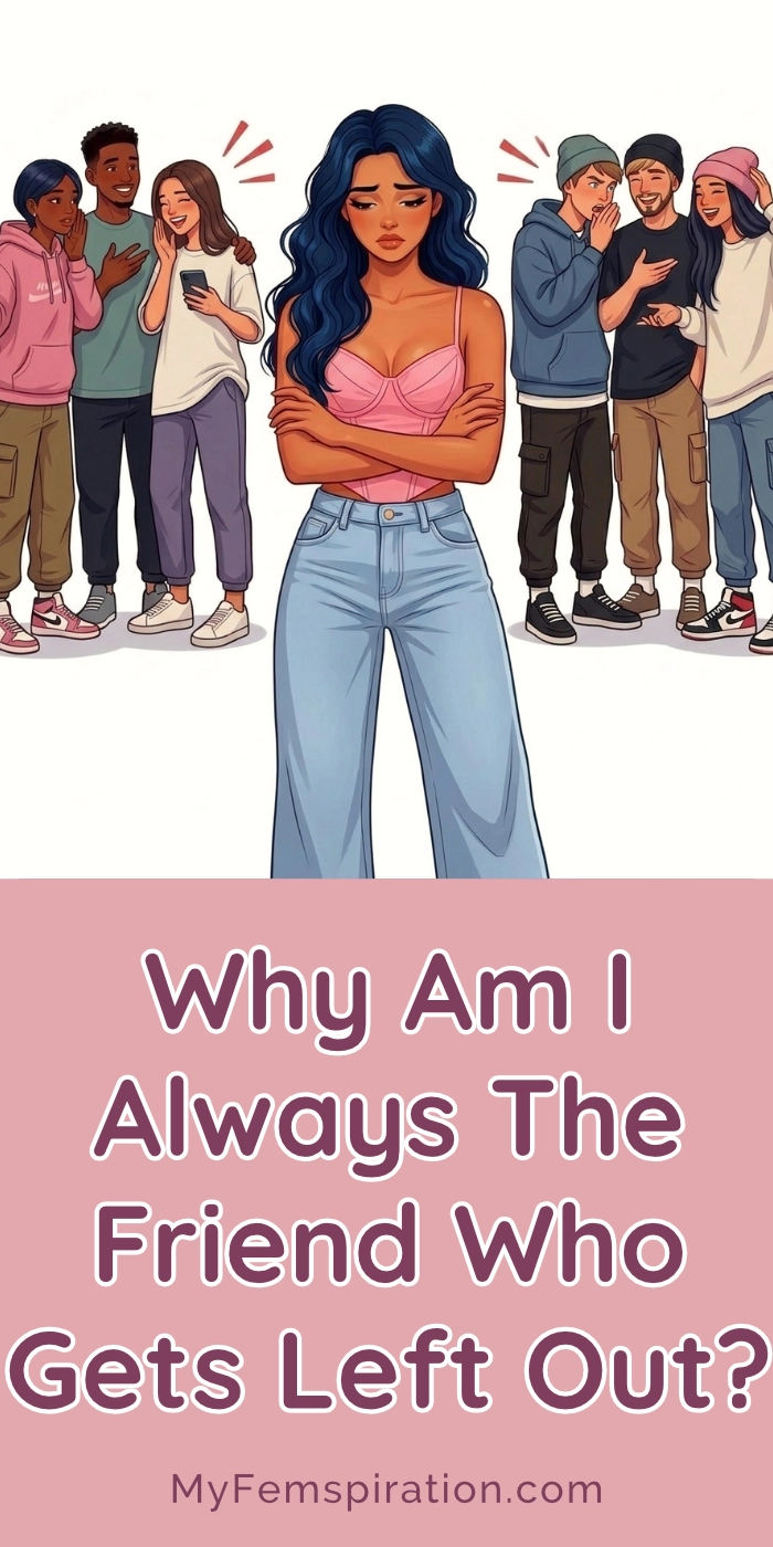 Illustration showing a woman looking sad after being socially rejected by a group of men and women Text overlaid: 'Why am I always the friend who gets left out - MyFemspiration'