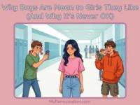 An illustrated photo showing a young girl looking visibly hurt and distressed, as two teenage boys stand nearby laughing and taunting her. One boy holds a phone up, recording her reaction. Large text overlaid reads: Why Boys Are Mean to Girls They Like (And Why It’s Never OK). Small text at the bottom right reads: myfemspiration.com.
