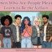 A woman trying anxiously to be nice and liked by a group of unimpressed peers, with text overlaid reading: Women Who Are People Pleasers: Learn to Be the Villain and myfemspiration.com.