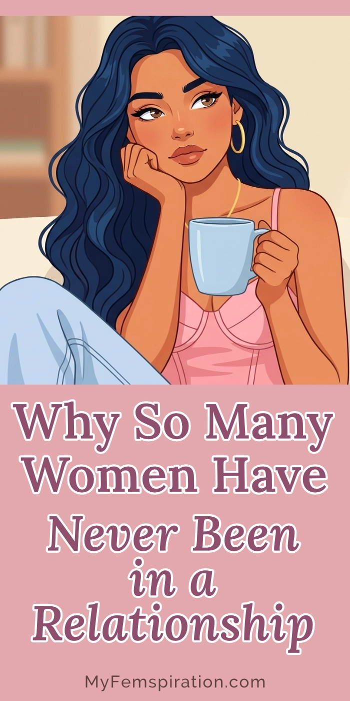 A thoughtful woman looks upward while holding a light blue coffee mug in a bright, cozy indoor setting. Text overlaid on the image reads "Why So Many Women Have Never Been in a Relationship" and "myfemspiration.com."