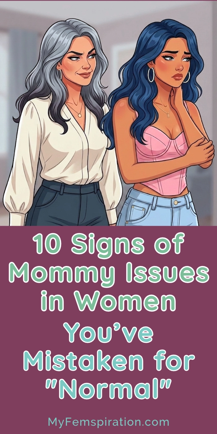 A young woman looking sad and visibly shaken up, while a smirking older woman stands behind her, capturing the dynamic of a daughter of a narcissistic mother. Overlaid text reads "10 Signs of Mommy Issues in Women You’ve Mistaken for 'Normal'" and includes the blog URL myfemspiration.com.