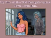A thoughtful woman looks out a window as a scowling ghostly image of her mother appears behind her. Text overlay reads: "My Toxic Mother Died During No Contact. Here's What I Felt..." and "myfemspiration.com".