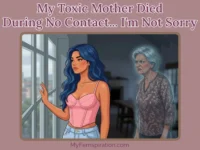 A thoughtful woman looks out a window as a scowling ghostly image of her mother appears behind her. Text overlay reads: "My Toxic Mother Died During No Contact. I'm Not Sorry" and "myfemspiration.com".