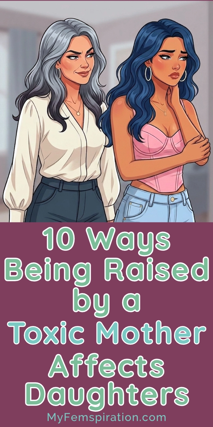 A young woman looking sad and visibly shaken up, while a smirking older woman stands behind her, capturing the dynamic of a daughter of a narcissistic mother. Overlaid text reads "10 Ways Being Raised by a Toxic Mother Affects Daughters" and includes the blog URL myfemspiration.com.