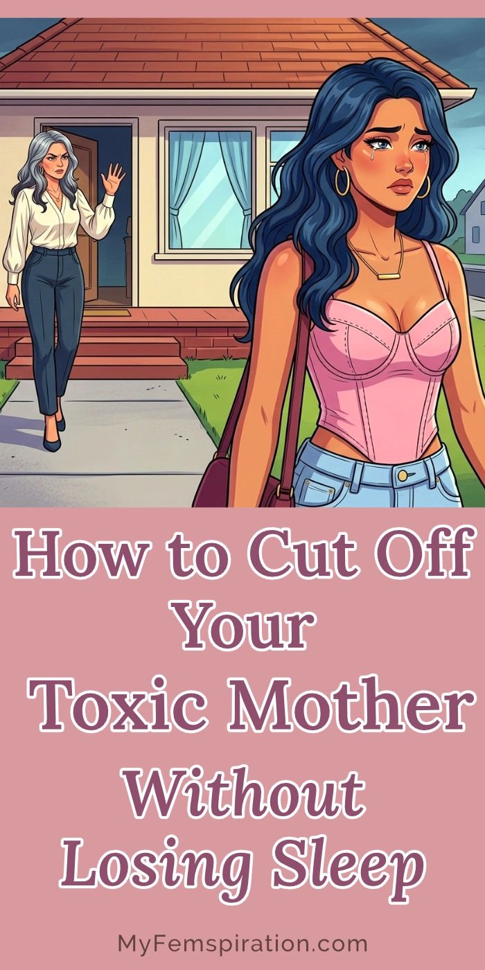 A tearful but confident woman walks away from her irritated mother, featuring overlaid text: "How to Cut Off Your Toxic Mother Without Losing Sleep" and "myfemspiration.com".