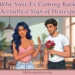 An illustrated image depicting a woman making a clear, firm 'stop' gesture with her right hand towards a persistent man who is holding out a large bouquet of roses. Text overlaid reads: "WHY YOUR EX COMING BACK IS ACTUALLY A SIGN OF DISRESPECT" and "myfemspiration.com."