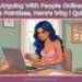 Illustration of an annoyed woman with dark hair typing on a laptop at her desk, with bold text reading "Arguing With People Online Is Pointless, Here's Why I Quit" and "myfemspiration.com"