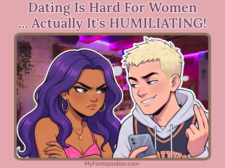 Illustration featuring the text "Dating Is Hard For Women... Actually It's HUMILIATING!" above a bar scene where an annoyed woman stands with her arms crossed next to a smiling man holding his phone.